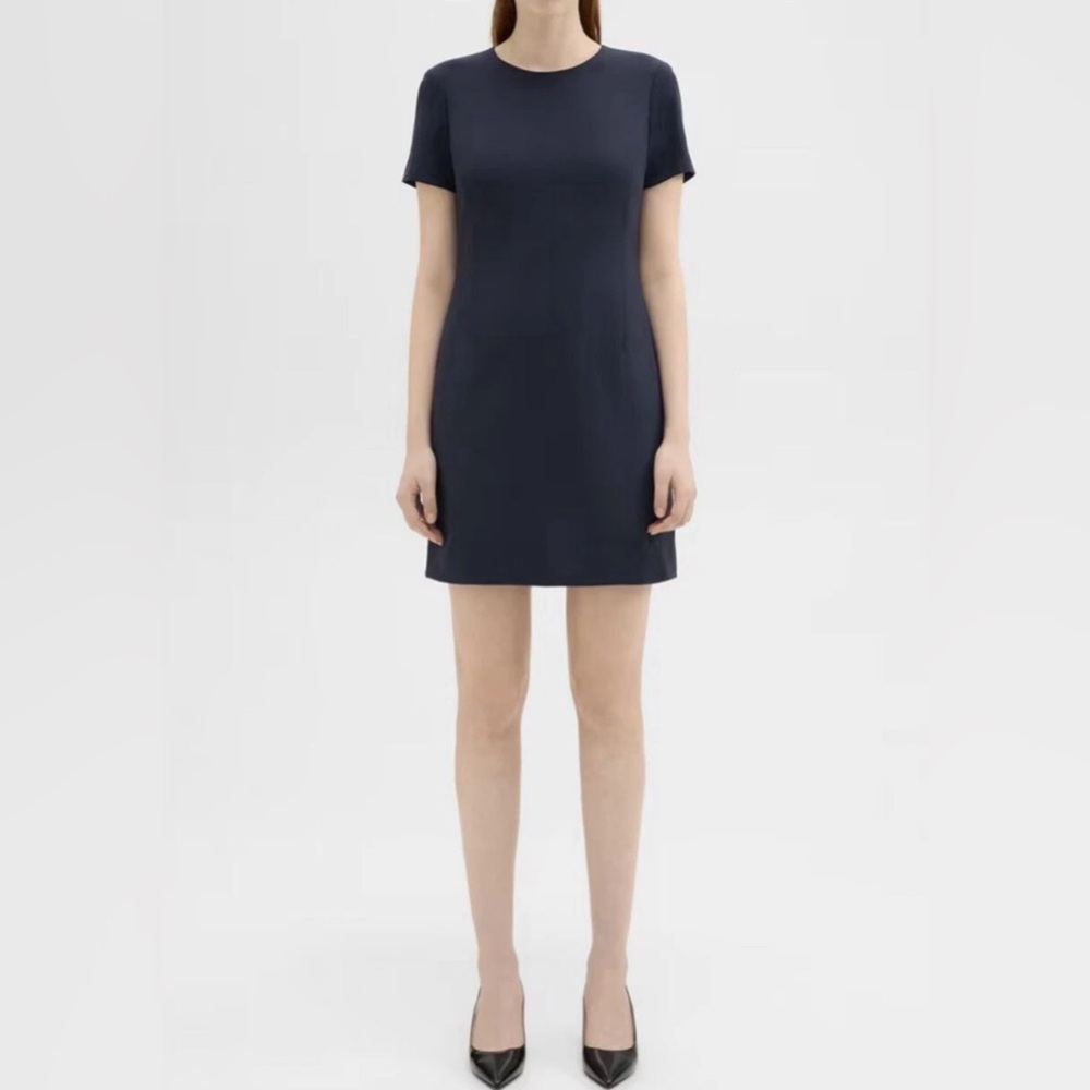 Theory Jatinn Navy Blue Wool Mini Dress Short Sleeve Shift Sheath Work Office
